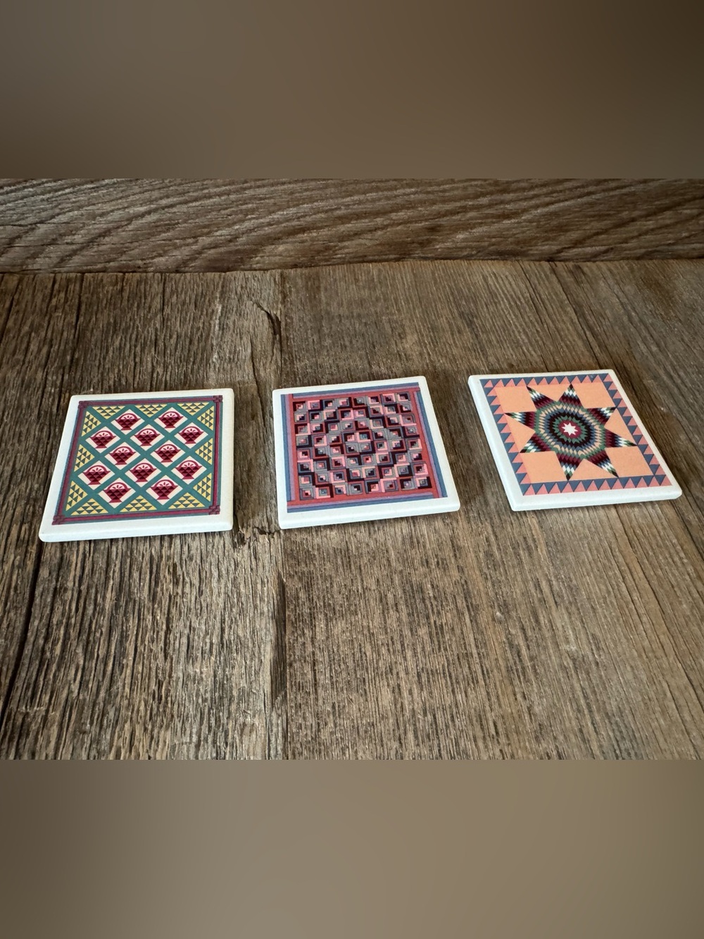 Vintage AVON Quilt Pattern Square Ceramic Magnets. Set of 3